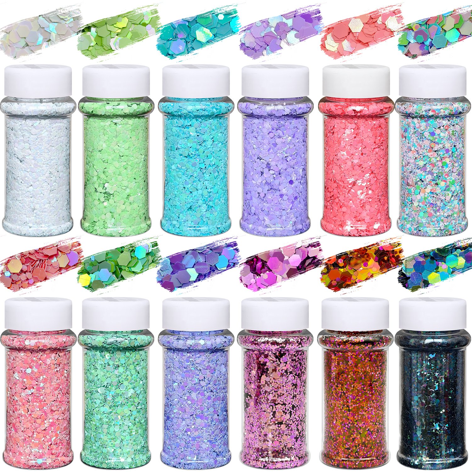 Chunky Glitter 12colors Holographic Bulk Glitter for Body,Face, Nails,Hair, Iridescent Craft Glitter for Resin, Tumblers,Painting, Epoxy, Jewelry DIY Projects and Holiday Art