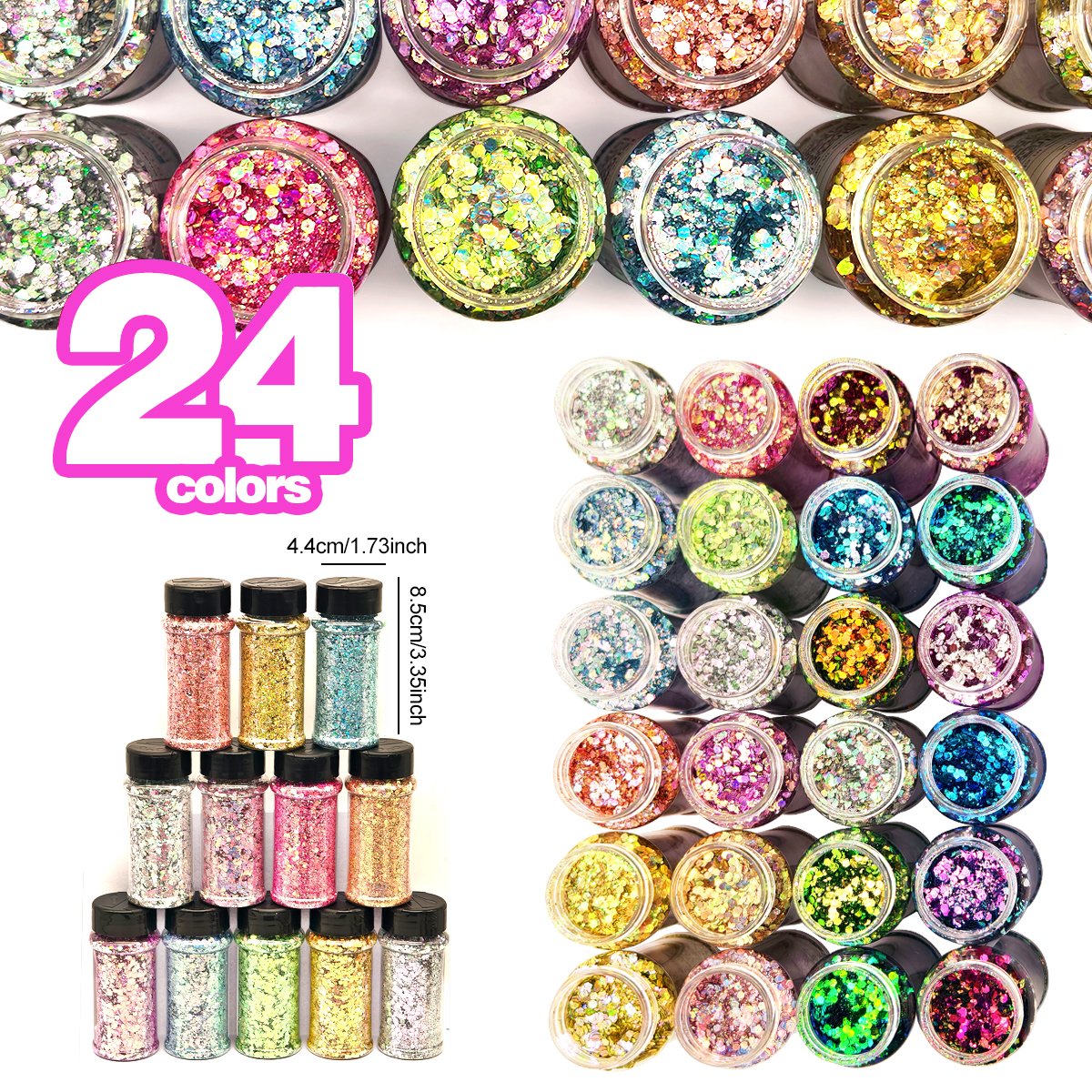 Chunky Glitter 24-Color Chameleon Holographic Body Glitter for Women and Kids Cosmetic Glitter for Eye Nail Hair Lip Craft Powder for Epoxy DIY Resin Art Festival Rhinestone Decoration Each 2oz Tumblers Making Convenient Box