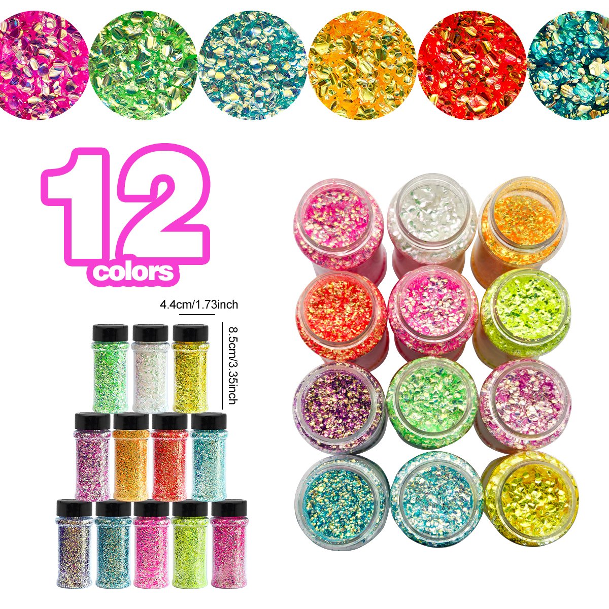 Bubble Glitters 12 Color Iridescent Beads Craft Glitter for Nail Art Face Body Hair Eye Chunky Flakes for DIY Resin Crafts Tumblers Decoration Accessories Various Festivals Party Diy Rhinestone Bling Rhinestone