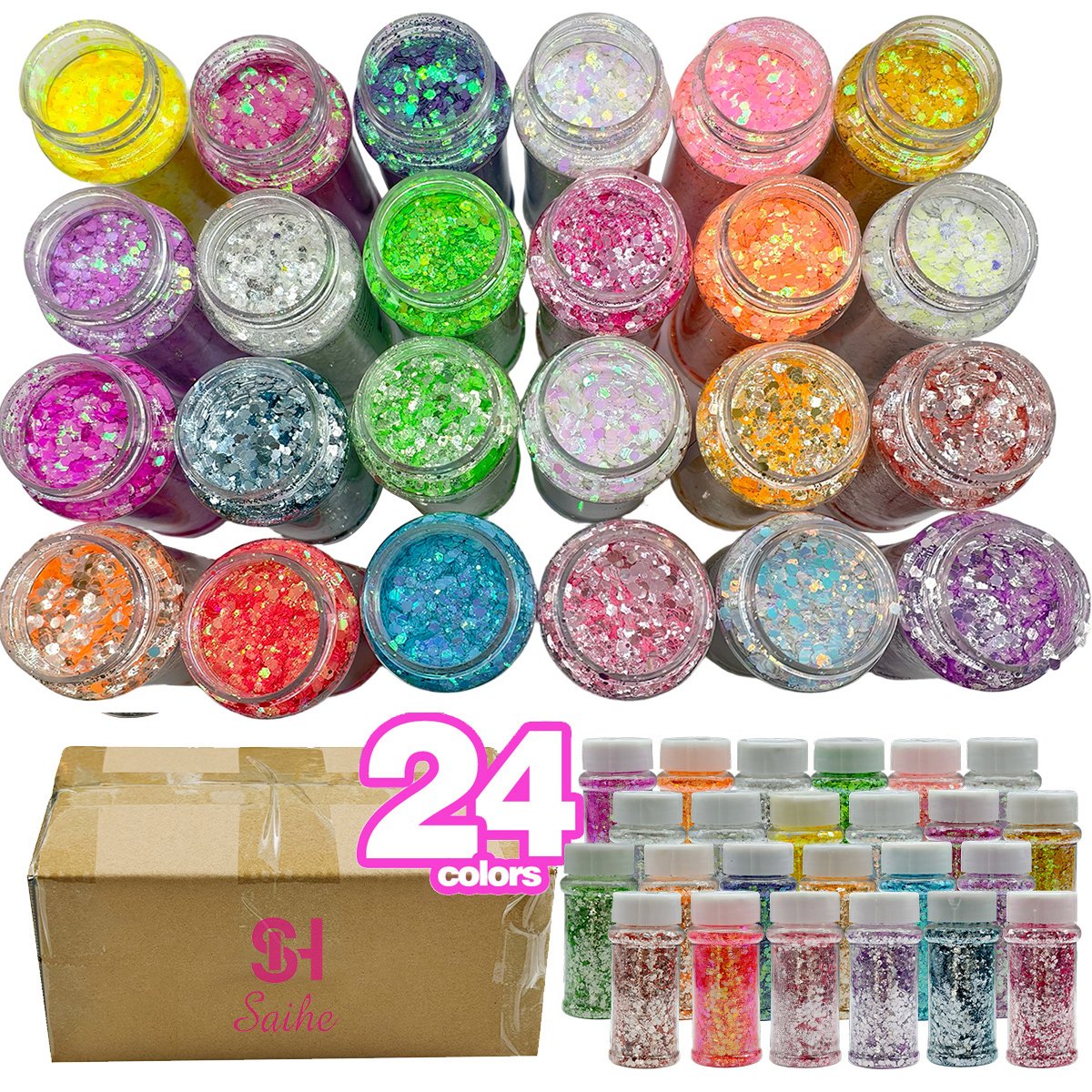 24 Colors 2oz High Shine Chunky Glitter Shaker Set, Mixed Size Holographic Sparkle Glitter for Tumblers, Resin, Snow Globe, Nail & Body Makeup DIY Crafts