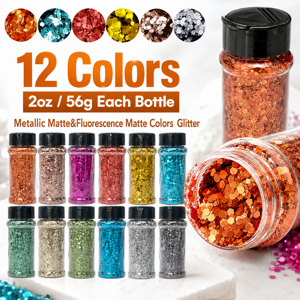 12 Colors Metallic Matte Chunky Glitter for Crafts, Resin, Sequins for Crafts, Hair Face Body Makeup Nail, DIY Arts and Craft, Party Christmas Decorations